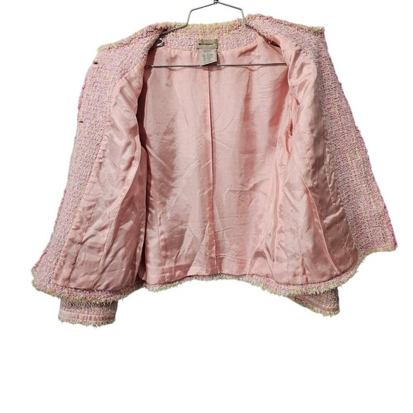 Anthropologie Elevenses Twill Tweed Button Front Frayed Bow Pink Jacket Short - Picture 5 of 7